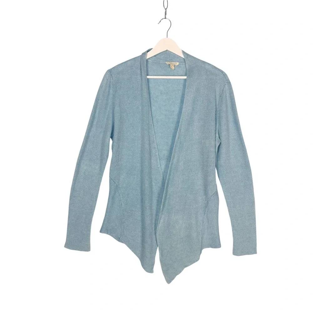 Eileen Fisher Linen Cardigan M Blue Open Front Handkerchief Hem Coastal Minimal